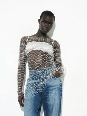 ZARA ZW WOMAN RHINESTONE MESH DRESS SILVER 7901/399 MEDIUM M BLOG FAVE CRYSTAL